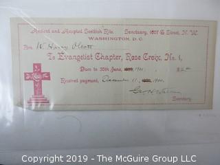 Freemasonry memorabilia circa 1900 dues receipts from various Chapters 