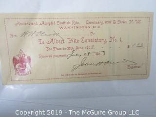 Freemasonry memorabilia circa 1900 dues receipts from various Chapters 