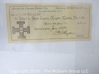 Freemasonry memorabilia circa 1900 dues receipts from various Chapters 