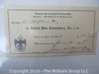 Freemasonry memorabilia circa 1900 dues receipts from various Chapters 