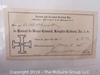 Freemasonry memorabilia circa 1900 dues receipts from various Chapters 