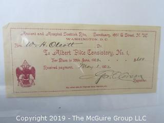 Freemasonry memorabilia circa 1900 dues receipts from various Chapters 