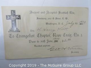 Freemasonry memorabilia circa 1900 dues receipts from various Chapters 