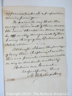 1875 Letter to General Jos. R. Hawley asking him to preside over the Centennial Exhibition in 1876, Philadelphia; and the opening program