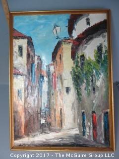 Framed European streetscape; oil on canvas; 16 x 20"