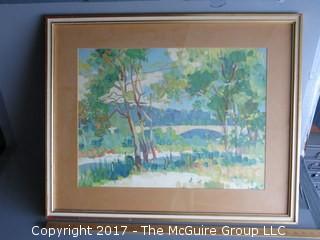 Framed watercolor landscape; signed lower left 