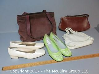 (3) Handbags including Coach and 2 pair of ladies new shoes; size 8 1/2