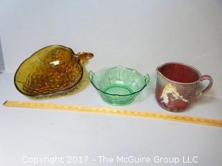 Collection of Colored Glass and signed pottery pitcher 