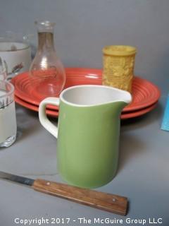 Mid-Century collection including bar shaker, utensils,cocktail glasses, ice bucket and Fiesta plates.  