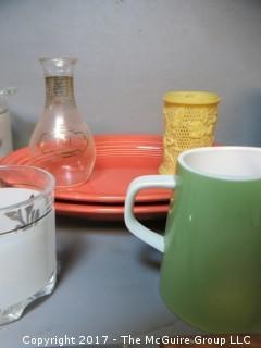 Mid-Century collection including bar shaker, utensils,cocktail glasses, ice bucket and Fiesta plates.  