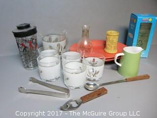 Mid-Century collection including bar shaker, utensils,cocktail glasses, ice bucket and Fiesta plates.  