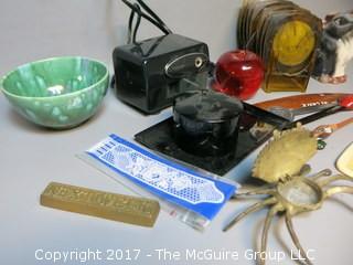 Collection including "Next Week" paperweight, brass crab, keepsake box, Mid-Century Coasters, and letter openers 