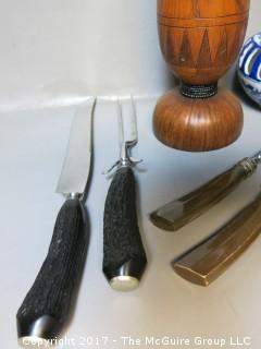 Collection including set of (6) steak knives; (2) carving sets, wooden vessel and ceramic candleholder 