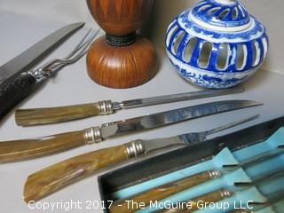 Collection including set of (6) steak knives; (2) carving sets, wooden vessel and ceramic candleholder 