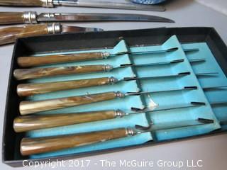 Collection including set of (6) steak knives; (2) carving sets, wooden vessel and ceramic candleholder 