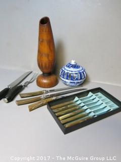 Collection including set of (6) steak knives; (2) carving sets, wooden vessel and ceramic candleholder 