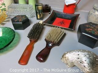 Collection including mid-century hair brushes, keepsake boxes, carving set, LANG lamp, salt and pepper set and assorted glassware 