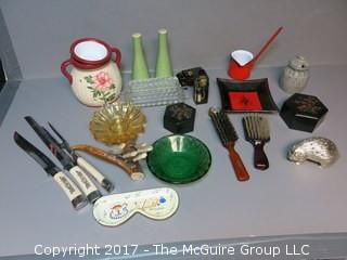 Collection including mid-century hair brushes, keepsake boxes, carving set, LANG lamp, salt and pepper set and assorted glassware 