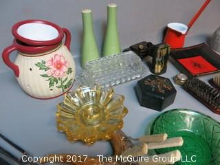 Collection including mid-century hair brushes, keepsake boxes, carving set, LANG lamp, salt and pepper set and assorted glassware 