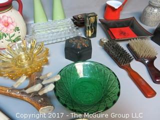 Collection including mid-century hair brushes, keepsake boxes, carving set, LANG lamp, salt and pepper set and assorted glassware 