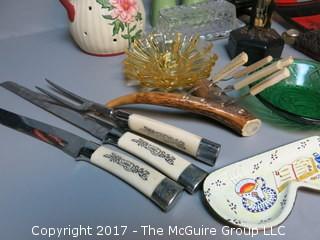 Collection including mid-century hair brushes, keepsake boxes, carving set, LANG lamp, salt and pepper set and assorted glassware 