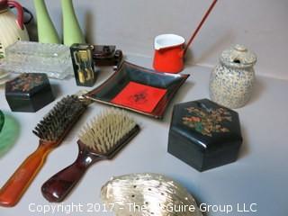 Collection including mid-century hair brushes, keepsake boxes, carving set, LANG lamp, salt and pepper set and assorted glassware 