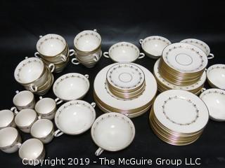 (87) pieces of Lenox "Romance" Pattern China: (12) dinner plates, (7) salad plates, (8) 7" diameter plates, (12) 6 1/4" diameter plates, (12) saucers, (7) demitassecups /(8) saucers, (13) coffee cups/ (12) saucers, (8) soup bowls