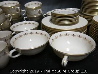 (87) pieces of Lenox "Romance" Pattern China: (12) dinner plates, (7) salad plates, (8) 7" diameter plates, (12) 6 1/4" diameter plates, (12) saucers, (7) demitassecups /(8) saucers, (13) coffee cups/ (12) saucers, (8) soup bowls