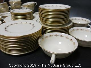 (87) pieces of Lenox "Romance" Pattern China: (12) dinner plates, (7) salad plates, (8) 7" diameter plates, (12) 6 1/4" diameter plates, (12) saucers, (7) demitassecups /(8) saucers, (13) coffee cups/ (12) saucers, (8) soup bowls