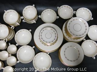 (87) pieces of Lenox "Romance" Pattern China: (12) dinner plates, (7) salad plates, (8) 7" diameter plates, (12) 6 1/4" diameter plates, (12) saucers, (7) demitassecups /(8) saucers, (13) coffee cups/ (12) saucers, (8) soup bowls