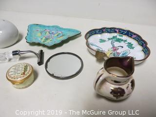 Collection including enamel trays; Neiman Marcus Bunny; crystal handled razor;  English Keepsake Box and "Old Castle" Pitcher, Made in England