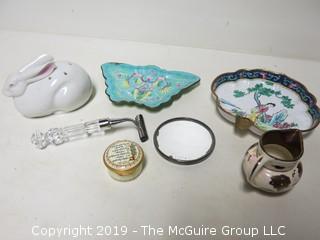 Collection including enamel trays; Neiman Marcus Bunny; crystal handled razor;  English Keepsake Box and "Old Castle" Pitcher, Made in England