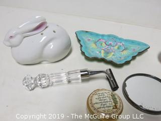 Collection including enamel trays; Neiman Marcus Bunny; crystal handled razor;  English Keepsake Box and "Old Castle" Pitcher, Made in England