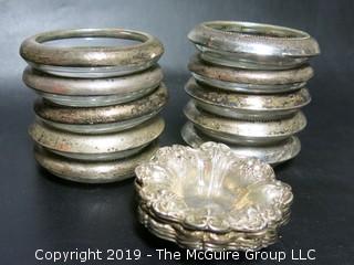 Set of (10) glass coasters with sterling rings; and 5 sterling bowls, 250 grams