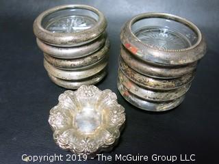 Set of (10) glass coasters with sterling rings; and 5 sterling bowls, 250 grams