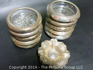 Set of (10) glass coasters with sterling rings; and 5 sterling bowls, 250 grams