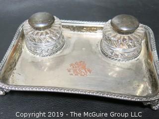 Glass inkwells and silver plated undertray