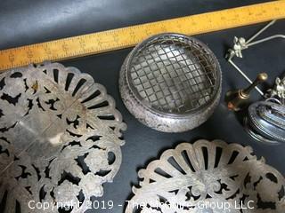 Collection of Silver Plated Items including Lighter; Expandable Trivets and Centerpiece 