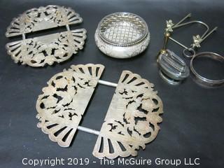 Collection of Silver Plated Items including Lighter; Expandable Trivets and Centerpiece 