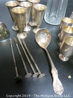 Collection including small sterling goblets and cut glass shaker with sterling top, 300 grams