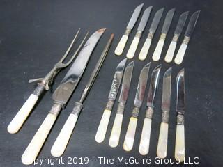 Set of Sheffield Steel Knives and Carving Set with Mother of Pearl Handles