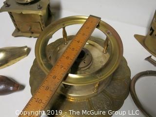 Collection of brass including coffee grinder; horn and flatiron