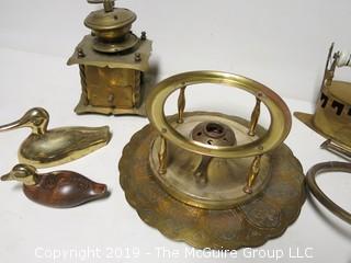 Collection of brass including coffee grinder; horn and flatiron