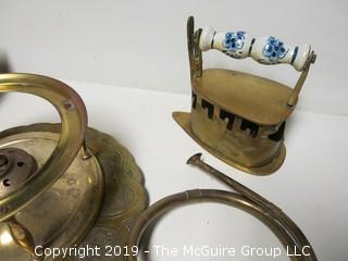 Collection of brass including coffee grinder; horn and flatiron