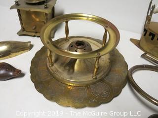 Collection of brass including coffee grinder; horn and flatiron