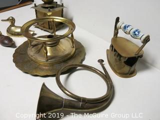 Collection of brass including coffee grinder; horn and flatiron