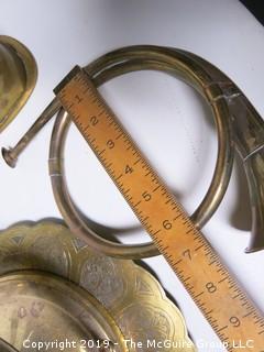 Collection of brass including coffee grinder; horn and flatiron