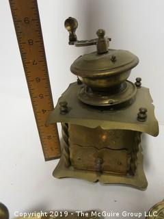 Collection of brass including coffee grinder; horn and flatiron