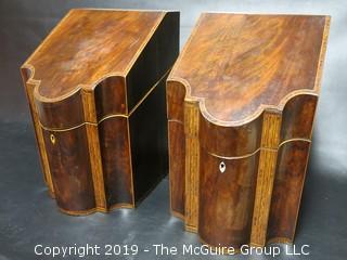 Pair of 18th C. American Inlaid Mahogany Knife Boxes w/ Inserts (Note: Age split on side of one) 