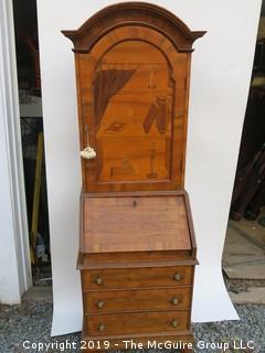 1 Piece Fruitwood 3 Drawer Secretary with Bonnet Top and Veneer Inlay; Desk Height 26"; Desk Width 21". Total height 71"